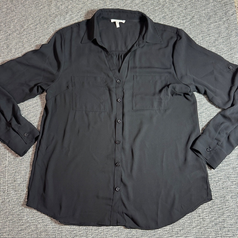 Maurices Womens Large Black Long Sleeve Roll Tab Button Down Pocket Blouse Shirt